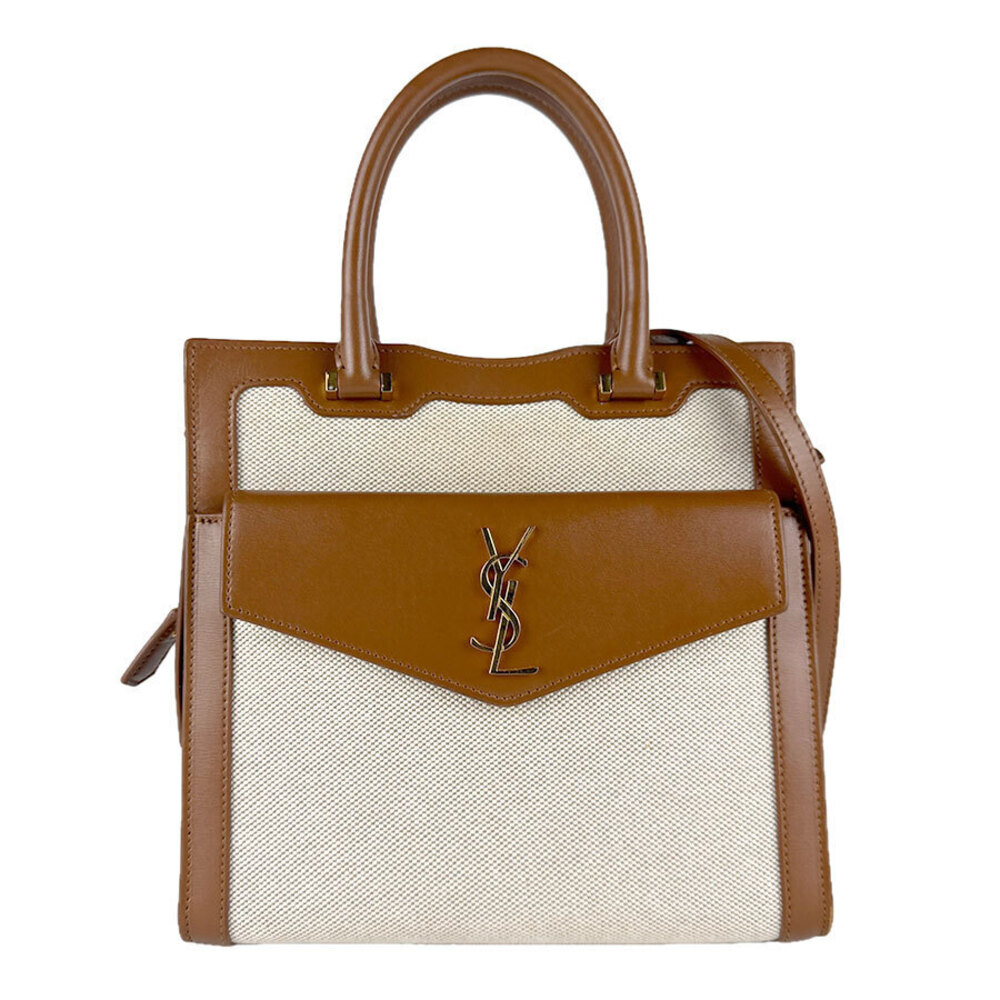 Saint Laurent 2way Shoulder Bag Uptown canvas leather brown Ivory White